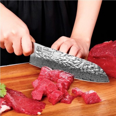 Нож сантоку из дамасской стали Keemake 7 Inch Santoku Knife, синий + бежевый