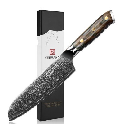 Нож сантоку из дамасской стали Keemake 7 Inch Santoku Knife Green Gem, бежевый