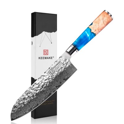 Нож сантоку из дамасской стали Keemake 7 Inch Santoku Knife, синий + бежевый