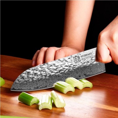 Нож сантоку из дамасской стали Keemake 7 Inch Santoku Knife, синий + бежевый