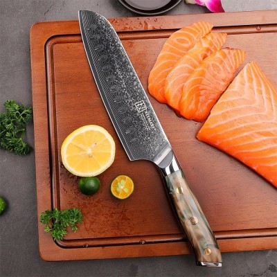 Нож сантоку из дамасской стали Keemake 7 Inch Santoku Knife Green Gem, бежевый