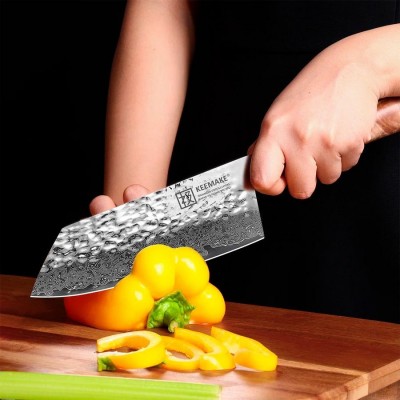 Нож из дамасской стали для овощей Keemake 7 Inch Nakiri Knife, синий + бежевый