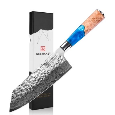 Нож из дамасской стали для овощей Keemake 7 Inch Nakiri Knife, синий + бежевый