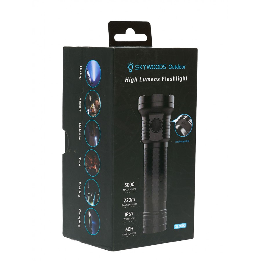 Ручной фонарь SKYWOODS MYSTIC, 3000 люмен, USB-Type C, холодный свет, IP67