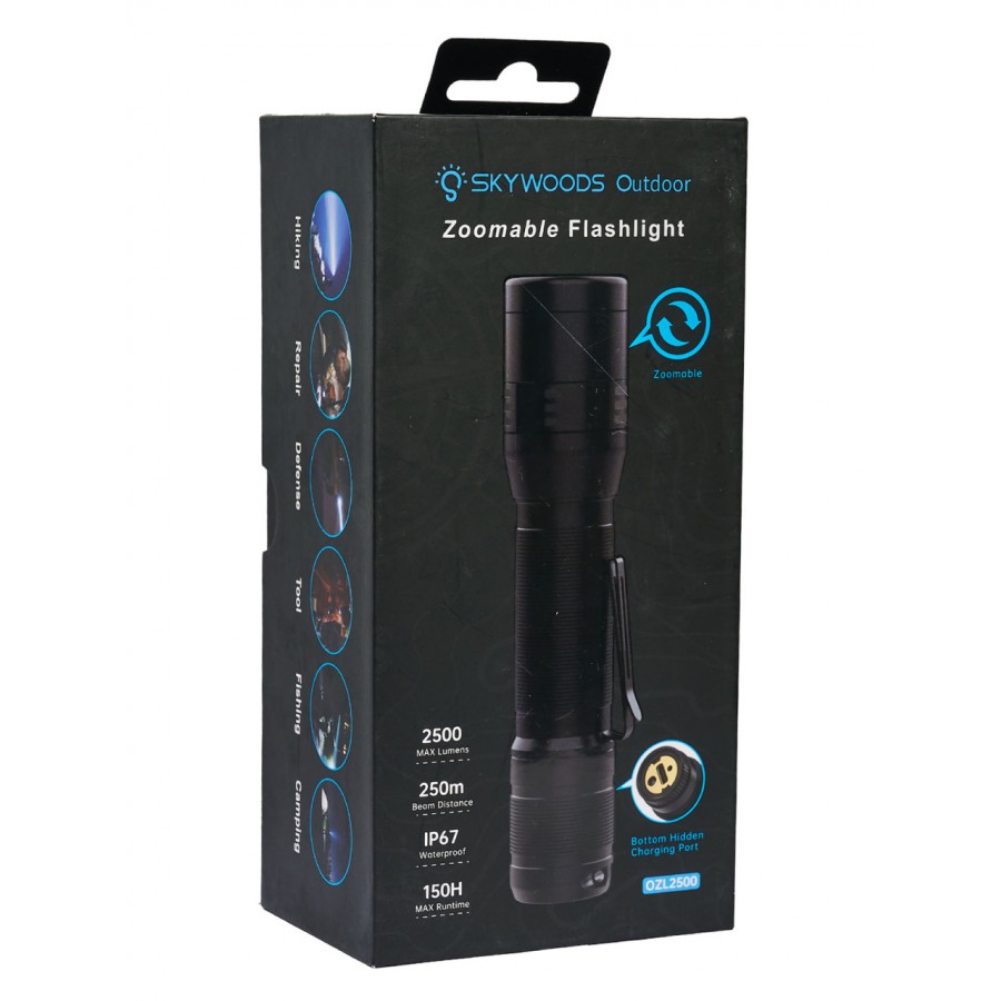 Ручной фонарь SKYWOODS WILD, 2500 люмен, USB-Type C, холодный свет, IP67