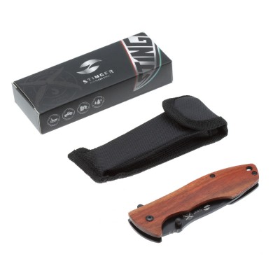 Нож складной Stinger, 80 мм (черный), рукоять: сталь/сандаловое дерево, картонная коробка