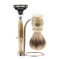 Бритвенный набор Mondial: станок, помазок, подставка; светлый и серый перламутр