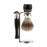 Бритвенный набор Mondial: классический станок, помазок, подставка; чёрная смола