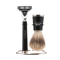 Бритвенный набор Mondial: станок, помазок, подставка; чёрная смола