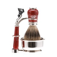 Бритвенный набор Mondial: станок, помазок, чаша, подставка; корень шиповника Бритвенный набор Mondial: станок, помазок, чаша, подставка; корень шиповника