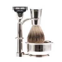 Бритвенный набор Mondial: станок, помазок, чаша, подставка; отполированный никель Бритвенный набор Mondial: станок, помазок, чаша, подставка; отполированный никель