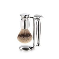 Бритвенный набор Mondial: станок, помазок, подставка; отполированный никель Бритвенный набор Mondial: станок, помазок, подставка; отполированный никель