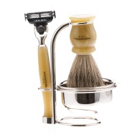 Бритвенный набор Mondial: станок, помазок, чаша, подставка; светлый и серый перламутр