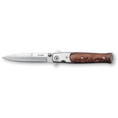 Нож складной Stinger, 100 мм (серебристый), рукоять: сталь/дерево (серебр.-корич.), коробка картон