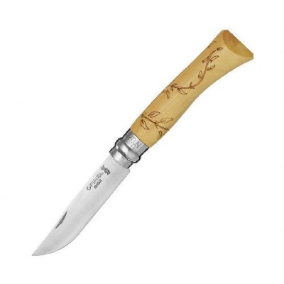 Нож Opinel №7 Nature, нержавеющая сталь, рукоять самшит, гравировка листья