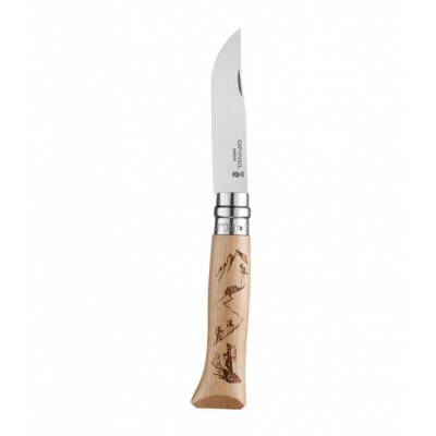 Нож Opinel №8 Alpine adventures, нержавеющая сталь, рукоять дуб, гравировка пеший туризм, 002186