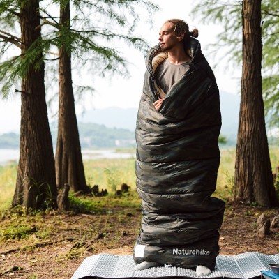 Ультралёгкий спальный мешок Naturehike CNK2350WS023 M320 хлопковый с капюшоном весна осень камуфляжный, молния справа