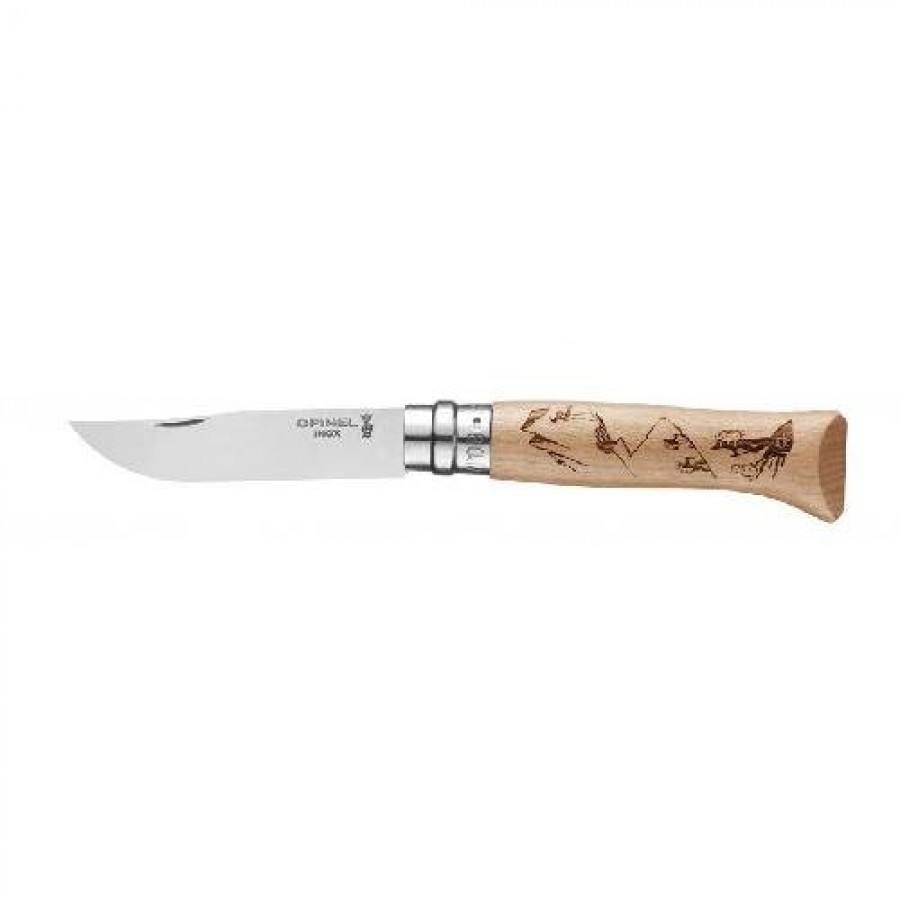 Нож Opinel №8 Alpine adventures, нержавеющая сталь, рукоять дуб, гравировка пеший туризм, 002186