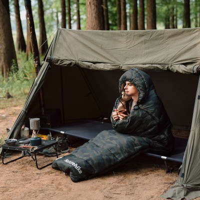 Ультралёгкий спальный мешок Naturehike CNK2350WS023 M320 хлопковый с капюшоном весна осень камуфляжный, молния справа
