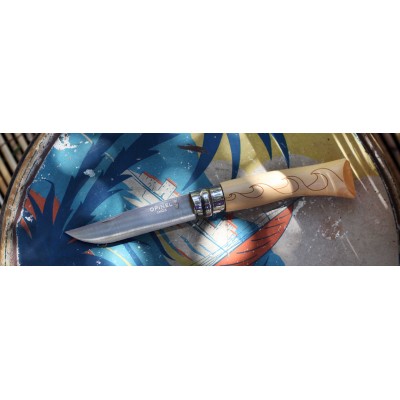 Нож Opinel №7 Nature, нержавеющая сталь, рукоять самшит, гравировка волны, 001552