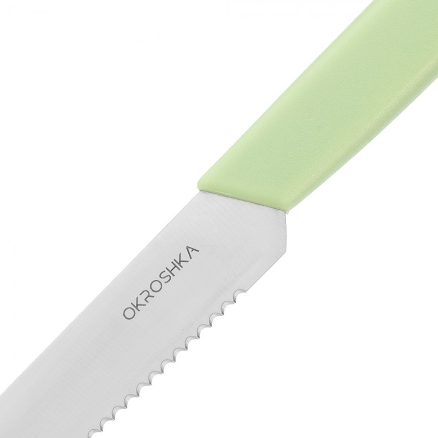 Нож для стейка OKROSHKA САЛАТ, лезвие 12 см, с серрейторной заточкой, зеленая ручка Нож для стейка OKROSHKA САЛАТ, лезвие 12 см, с серрейторной заточкой, зеленая ручка