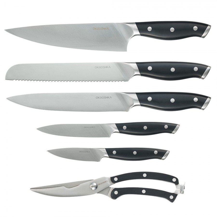 Набор кухонных ножей OKROSHKA ТАРТАР в подставке, 5 ножей, ножницы Набор кухонных ножей OKROSHKA ТАРТАР в подставке, 5 ножей, ножницы